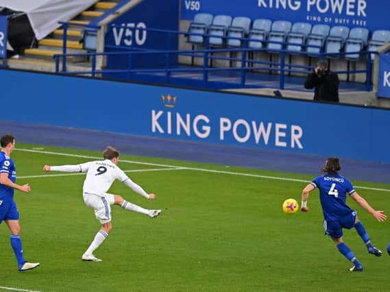 WONDER GOAL - Patrick Bamford thrashed the ball into the top corner of the net to make it 2-1 before setting up Jack Harrison for Leeds United's third at Leicester City. Pic: Getty