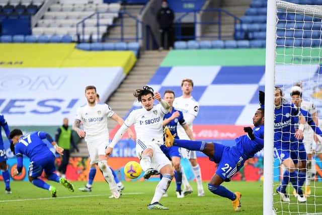 Leeds United's Pascal Struijk (left) has a shot blocked by Leicester City's Ricardo Pereira (right) during the Premier League match at the King Power Stadium. Picture: Clive Mason/PA Wire.