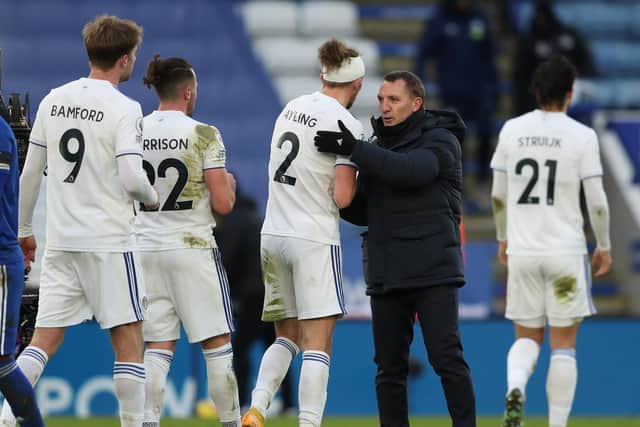 Leicester City boss Brendan Rodgers greets Leeds United's players post-match. Pic: Getty