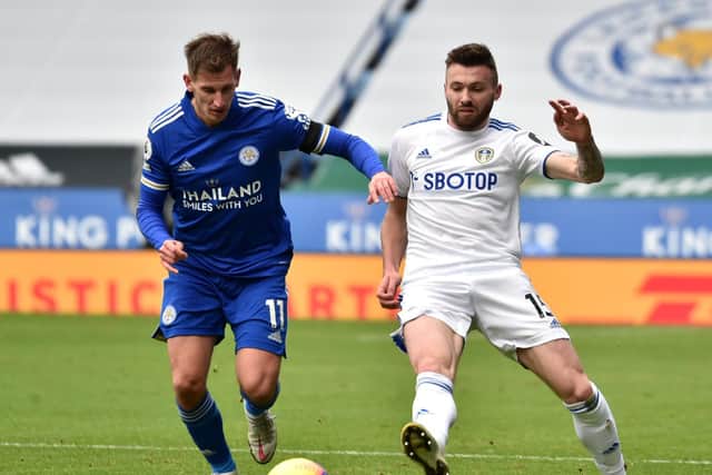 ALL ACTION: Leeds United's Stuart Dallas, right, battles with Leicester City's Marc Albrighton during Sunday's 3-1 triumph at the King Power. Photo by Rui Vieira - Pool/Getty Images.