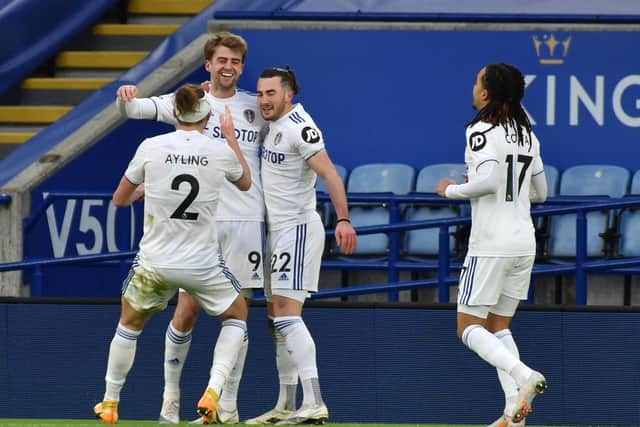 Leeds United celebrate against Leicester City at the King Power stadium. Pic: Getty