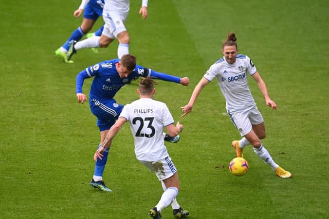 FALSE DAWN: Harvey Barnes fires Leicester City ahead in Sunday's clash against Leeds United as Kalvin Phillips and Luke Ayling look to close in yet the Foxes ended up falling to a 3-1 defeat. Photo by Michael Regan/Getty Images.
