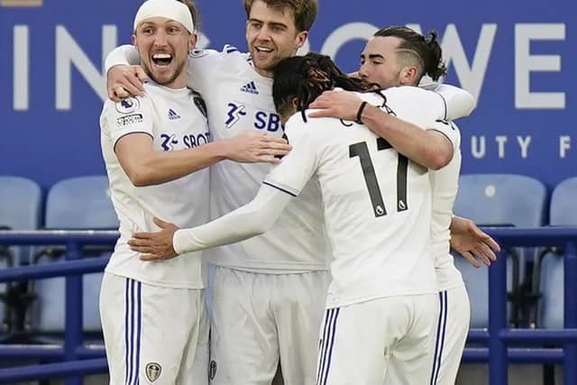 ALL SMILES: Left to right, Luke Ayling, Patrick Bamford, Helder Costa and Jack Harrison celebrate Harrison's strike in Sunday's 3-1 win at Leicester City. Photo by Tim Keeton/PA Wire.