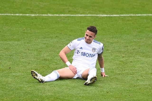 SETBACK: Leeds United's record signing Rodrigo goes down injured in Sunday's clash at Leicester City. Photo by Michael Regan/Getty Images.