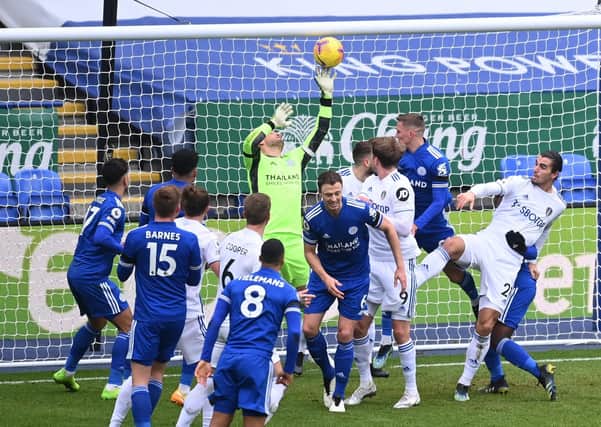 Leeds United's Patrick Bamford has his header saved by Leicester City goalkeeper Kasper Schmeichel during the Premier League match at the King Power Stadium. Picture: Michael Regan/PA Wire.