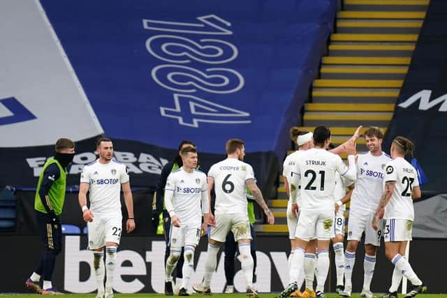 STUNNER: Leeds United celebrate Patrick Bamford's fantastic strike at Leicester City. Photo by Tim Keeton - Pool/Getty Images.