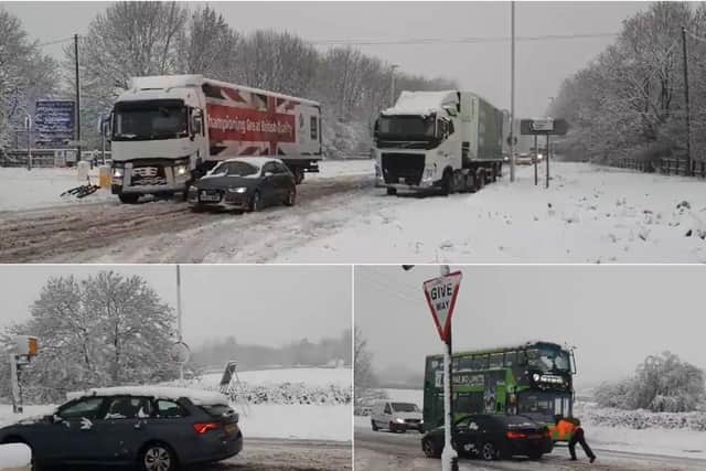 Cars, lorries and buses stuck on Calverley Ring Road in the snow (photo/ video: Tony Johnson)