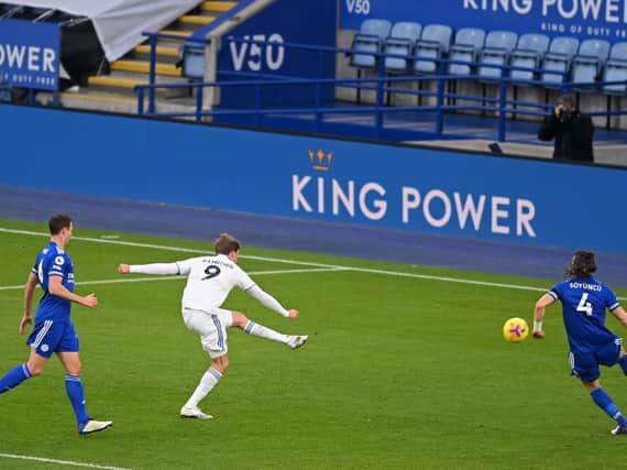 DIFFICULT STRIKE - Patrick Bamford's top corner finish for Leeds United at Leicester City was a 'beautiful goal' in Marcelo Bielsa's eyes as calls for England involvement continue for the striker. Pic: Getty