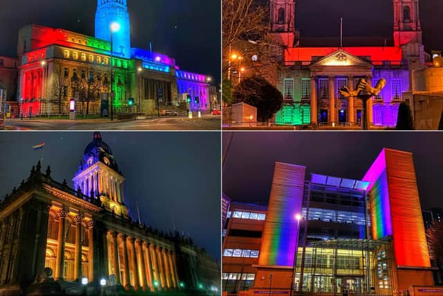Leeds Town Hall, Leeds Beckett University, Leeds Civic Hall and University of Leeds Parkinson Building were lit up (photos: Rob Wilson)