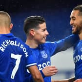 KEY TRIO: Dominic Calvert-Lewin, right, James Rodriguez, centre, and Richarlison, left, are seen as Everton's three chief goal threats with Calvert-Lewin marginal favourite to score first against Leeds. Photo by Paul Ellis - Pool/Getty Images.