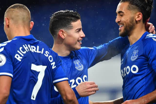 KEY TRIO: Dominic Calvert-Lewin, right, James Rodriguez, centre, and Richarlison, left, are seen as Everton's three chief goal threats with Calvert-Lewin marginal favourite to score first against Leeds. Photo by Paul Ellis - Pool/Getty Images.