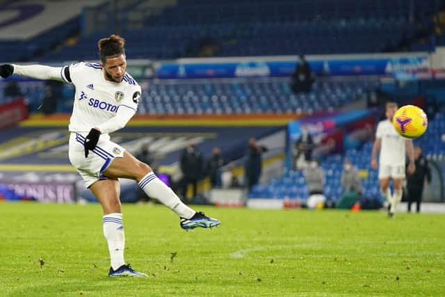 CHANCE: Leeds United's Tyler Roberts blazes a stoppage time volley over the bar in Wednesday night's 2-1 defeat against Everton at Elland Road. Photo by JON SUPER/POOL/AFP via Getty Images.