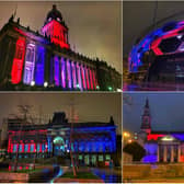 Leeds landmarks were lit in red, white and blue tonight in memory of Captain Sir Tom Moore (photos: Rob Wilson)