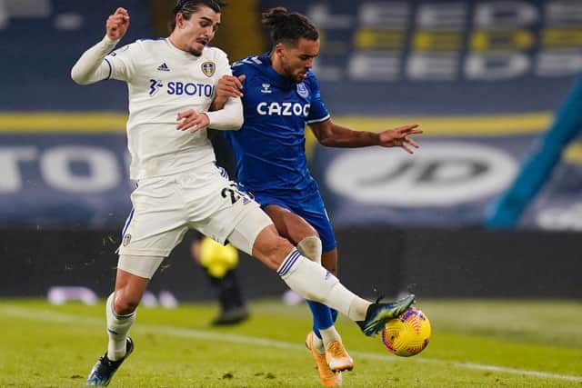 GOOD FIGURES: For Leeds United centre-back Pascal Struijk, left, pictured challenging Everton's Dominic Calvert-Lewin. Photo by TIM KEETON/POOL/AFP via Getty Images.