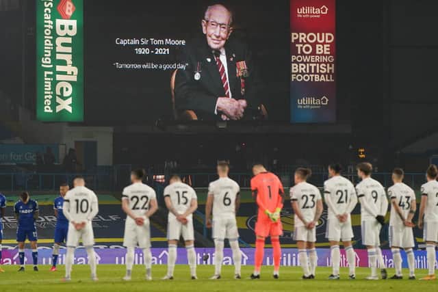 TRIBUTE: Leeds United and Everton pay their respects to Captain Sir Tom Moore. Photo by Jon Super - Pool/Getty Images.