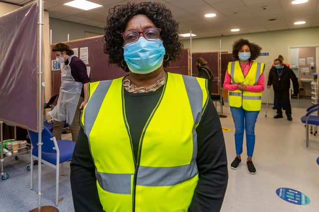 Lord Mayor of Leeds Coun Eileen Taylor, in the vaccination area at Woodhouse Medical Practice, looking on councillor Abigail Marshall Katung, Lead Member for BAME in Little London, Woodhouse and City Centre.

Pictuere: James Hardisty