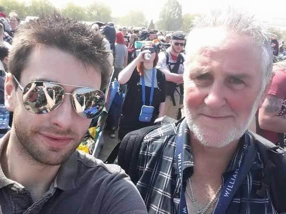 Left, (me) Alex Evans, Head of Live News in Leeds, and right, my dad Ivor Evans at Download Festival together in years gone by