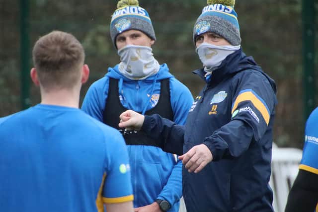 Rhinos coach Richard Agar makes a point at training. Picture by Phil Daly/Leeds Rhinos.