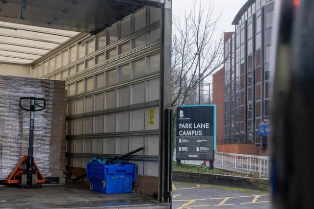 The delivery of more than 2,000 laptops arrives at the college's Park Lane Campus.