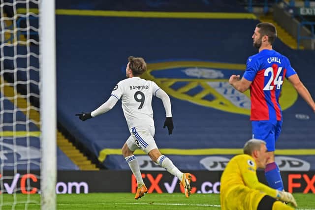 Leeds United striker Patrick Bamford celebrates at Elland Road. Pic: Bruce Rollinson