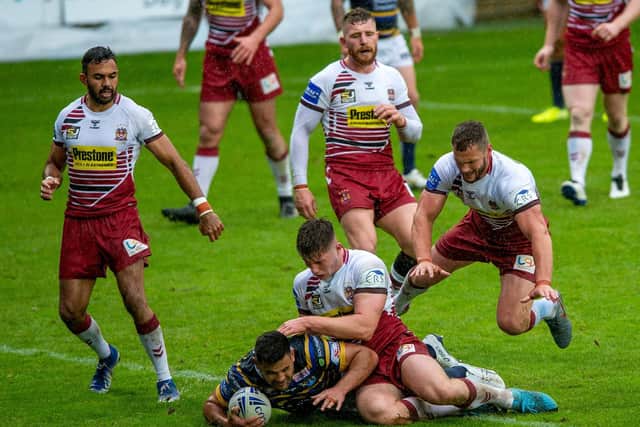 Rhyse Martin scores for Rhinos in last year's Challenge Cup semi-final win over Wigan. Picture by Bruce Rollinson.