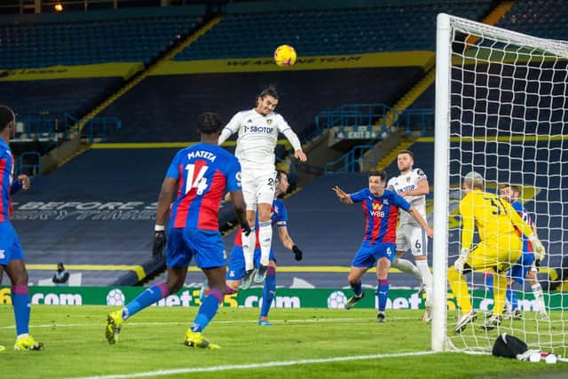 Leeds United defender Pascal Struijk heads over against Crystal Palace. Pic: Bruce Rollinson