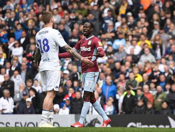 CONTROVERSIAL CLASH - Albert Adomah and Pontus Jansson square up during Leeds United's memorable 2019 clash with Aston Villa, refereed by Stuart Attwell. Pic: Getty