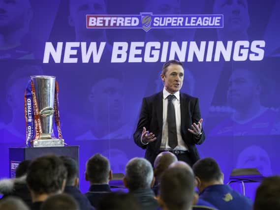 Robert Elstone speaks at the 2019 Betfred Super League launch. Picture by  Allan McKenzie/SWpix.com
