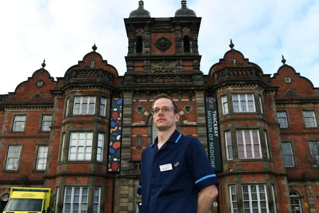 Jamie Calderwood, lead nurse in Leeds Teaching Hospital NHS Trust's Covid-19 Research Delivery Team, is pictured outside the Thackray Museum of Medicine. Picture: Jonathan Gawthorpe
