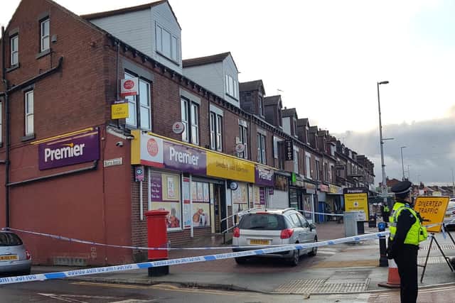 Murder crime scene after Keith Harrower was stabbed outside shop on Dewsbury Road.