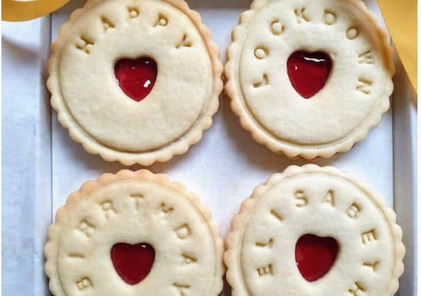 Personalised jam sandwich biscuits.
