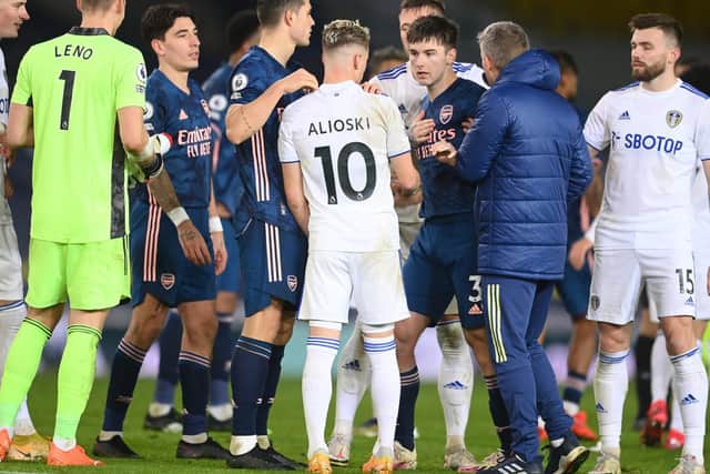 KEY MAN - Kieran Tierney, pictured here remonstrating with Leeds United's Gjanni Alioski at Elland Road, will miss the return fixture on Sunday. Pic: Getty