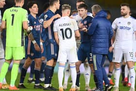 KEY MAN - Kieran Tierney, pictured here remonstrating with Leeds United's Gjanni Alioski at Elland Road, will miss the return fixture on Sunday. Pic: Getty