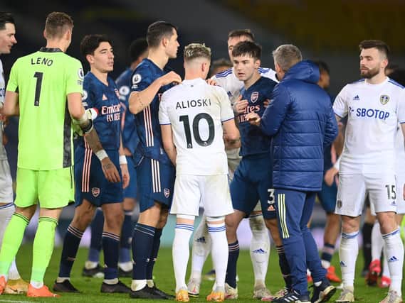 KEY MAN - Kieran Tierney, pictured here remonstrating with Leeds United's Gjanni Alioski at Elland Road, will miss the return fixture on Sunday. Pic: Getty