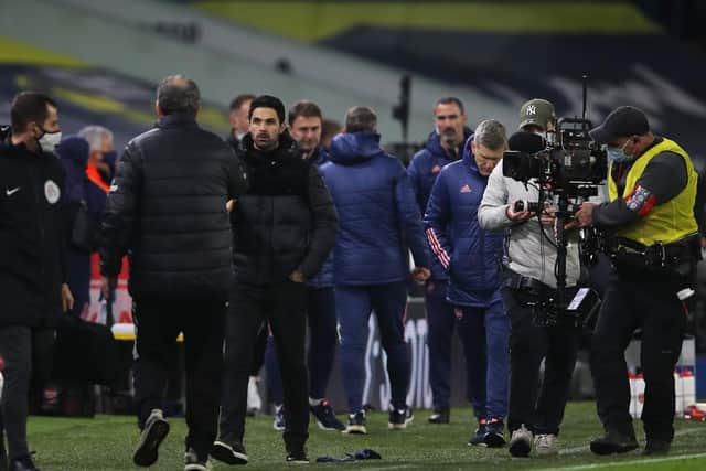 Leeds United head coach Marcelo Bielsa meets Mikel Arteta at Elland Road. Pic: Getty