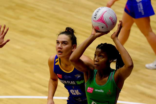 Response: Rebekah Robinson replies for Celtic Dragons during their heavy Vitality Super League defeat against Leeds. Picture: Ben Lumley/Netball Super League