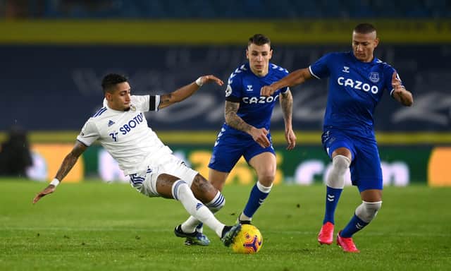 Leeds United's Raphinha (left) and Everton's Richarlison (right) battle for the ball during the Premier League match at Elland Road. 
Picture: Michael Regan/PA Wire.