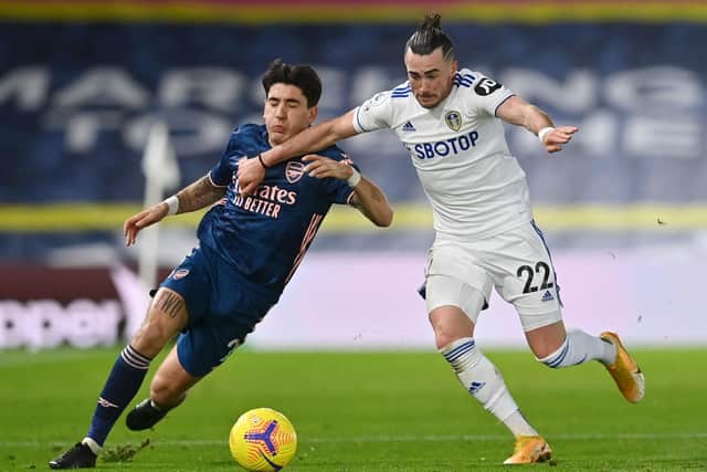 SECOND MEETING: Jack Harrison, right, looks to hold off Hector Bellerin during November's goalless draw between Leeds United and Arsenal at Elland Road. Photo by Paul Ellis - Pool/Getty Images.