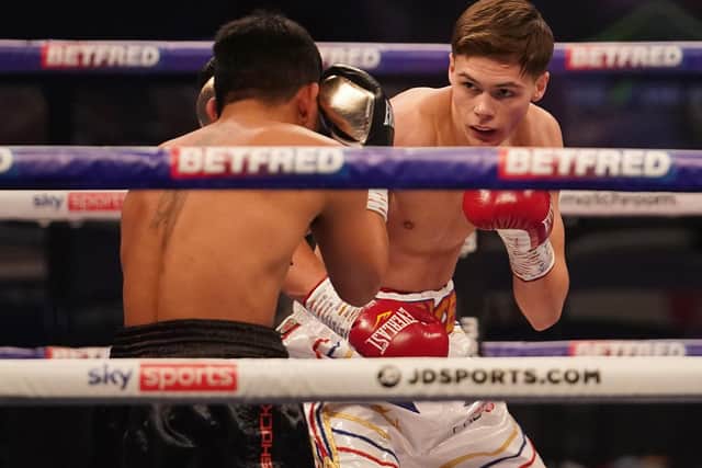 VICTORY: Hopey Price measures his opponent. Picture: Dave Thompson/Matchroom Boxing