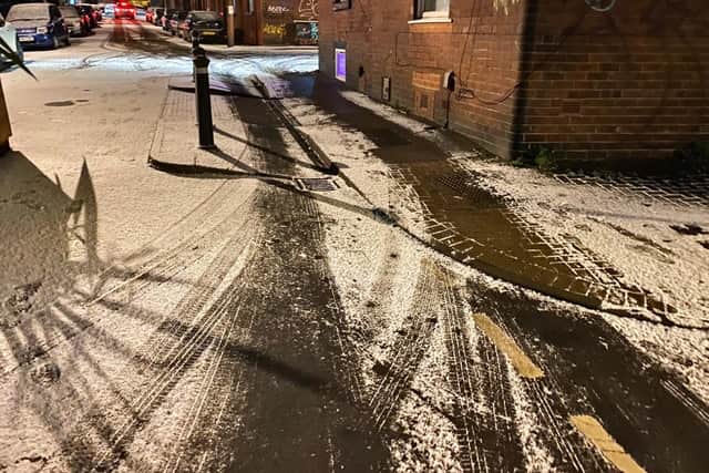 Tyre marks in the snow in Thornville Road, Hyde Park, where residents say drivers are mounting pavements to bypass traffic-calming planters