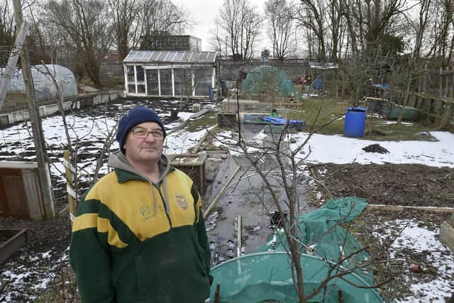 Les Walker, vice chairman of Clarkesfield Allotment Association by the part of Clarkesfield Allotment , Dewbury Road, Leeds that was flooded 13 02 2021
cc Steve Riding