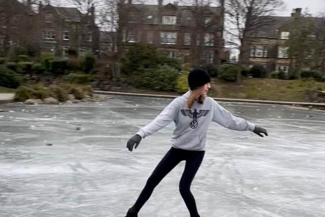 This incredible video shows a mum and her two daughters figure skating on a park lake which had frozen for the first time in 100 years.