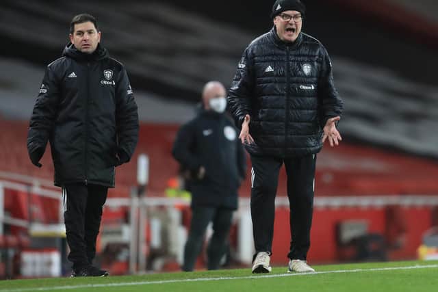ABSENTEES: For Leeds United head coach Marcelo Bielsa, right, pictured during Sunday's 4-2 defeat at Arsenal. Photo by Adam Davy - Pool/Getty Images.