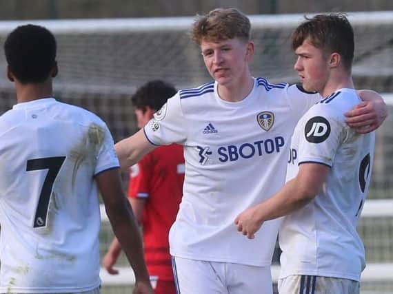 Leeds United's Under-23s celebrate against Reading at Thorp Arch - Stuart McKinstry (centre), Joe Gelhardt (right) and Crysencio Summerville (left). Pic@ LUFC