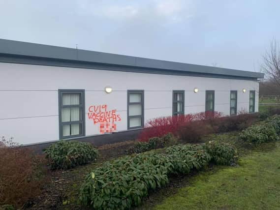 Anti-vaxxer graffiti at Alwoodley Medical Centre (photo: Dr Martin Sutcliffe)