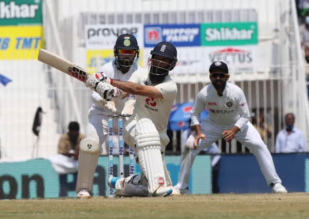 Moeen Ali sweeps through the leg side as England battle to hold on in Chennai. Picture: courtesy of BCCI (via ECB)
