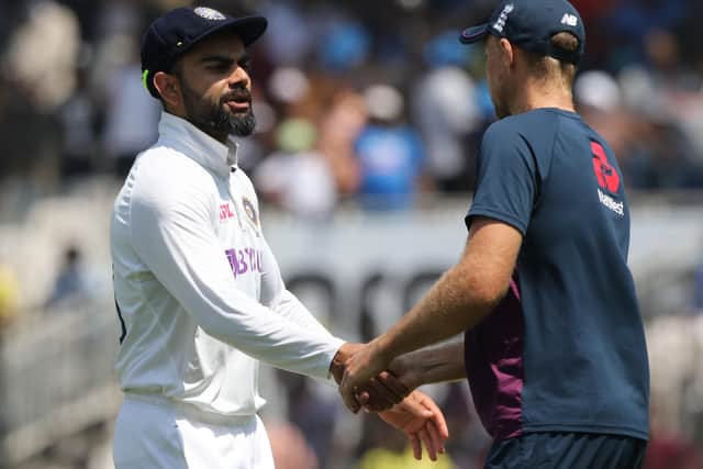 FAIR PLAY: India captain Virat Kohli and England counterpart Joe Root, right, shake hands at the end of the second Test match in Chennai. Picture courtesy of BCCI (via ECB)