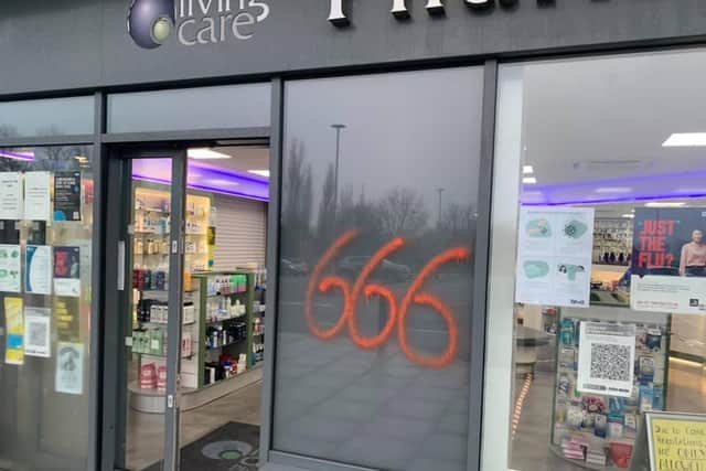 The front of the practice's pharmacy was also defaced (photo: Dr Martin Sutcliffe)