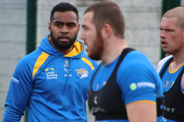 King Vuniyayawa, left, with teammates Cameron Smith, centre and Tom Holroyd. Picture by Phil Daly/Leeds Rhinos.