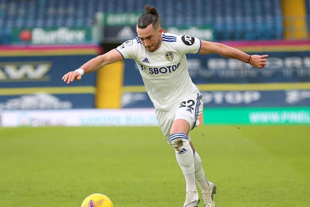 HUGE PRAISE: From Whites winger Jack Harrison, above, as Leeds United team-mates Patrick Bamford and Kalvin Phillips both reach career milestones. Photo by Photo by Nigel French - Pool/Getty Images.